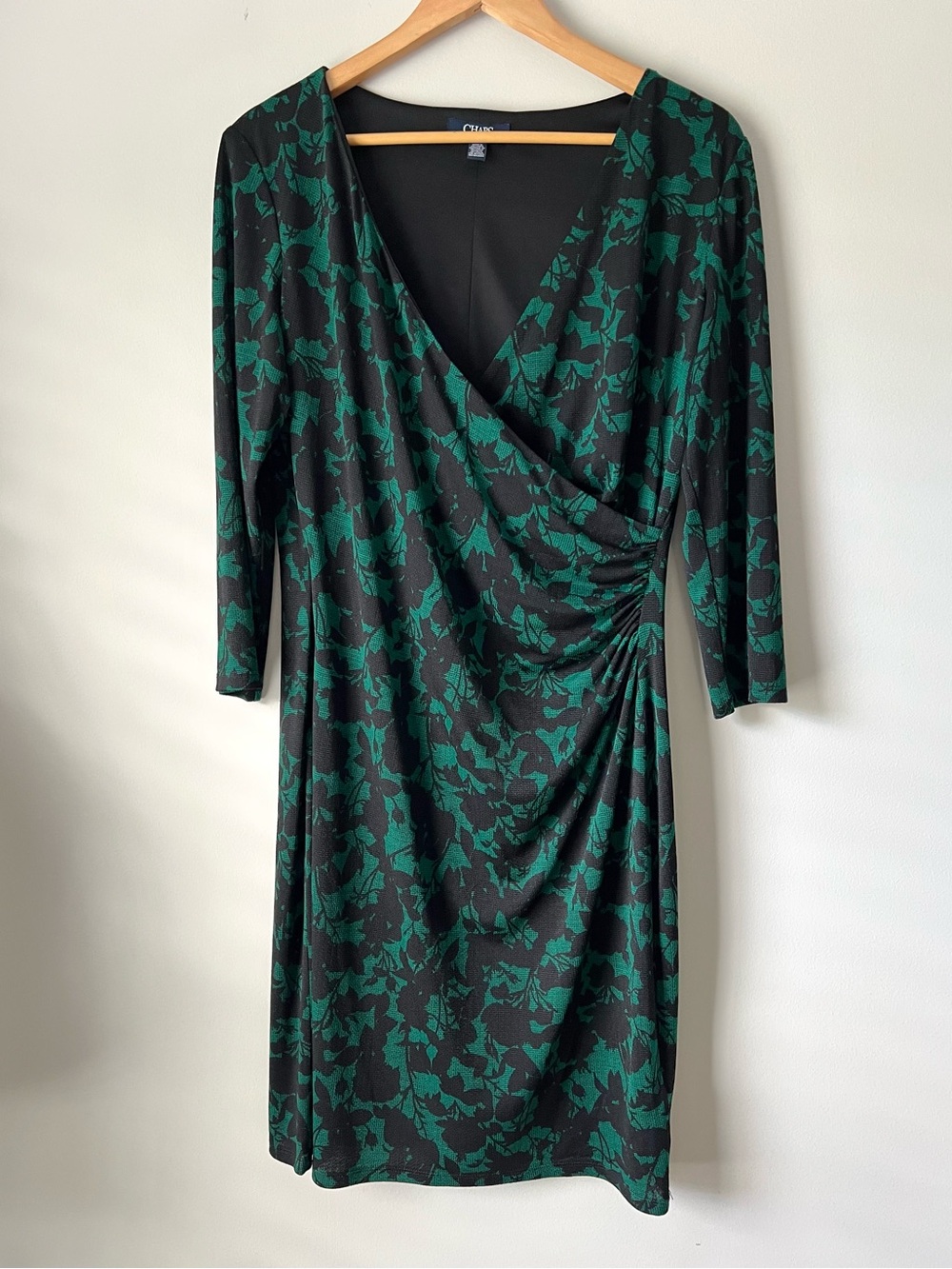 Chaps Emerald Green Black Floral Ruched Faux Wrap Sheath Dress 3/4 sleeve Size L